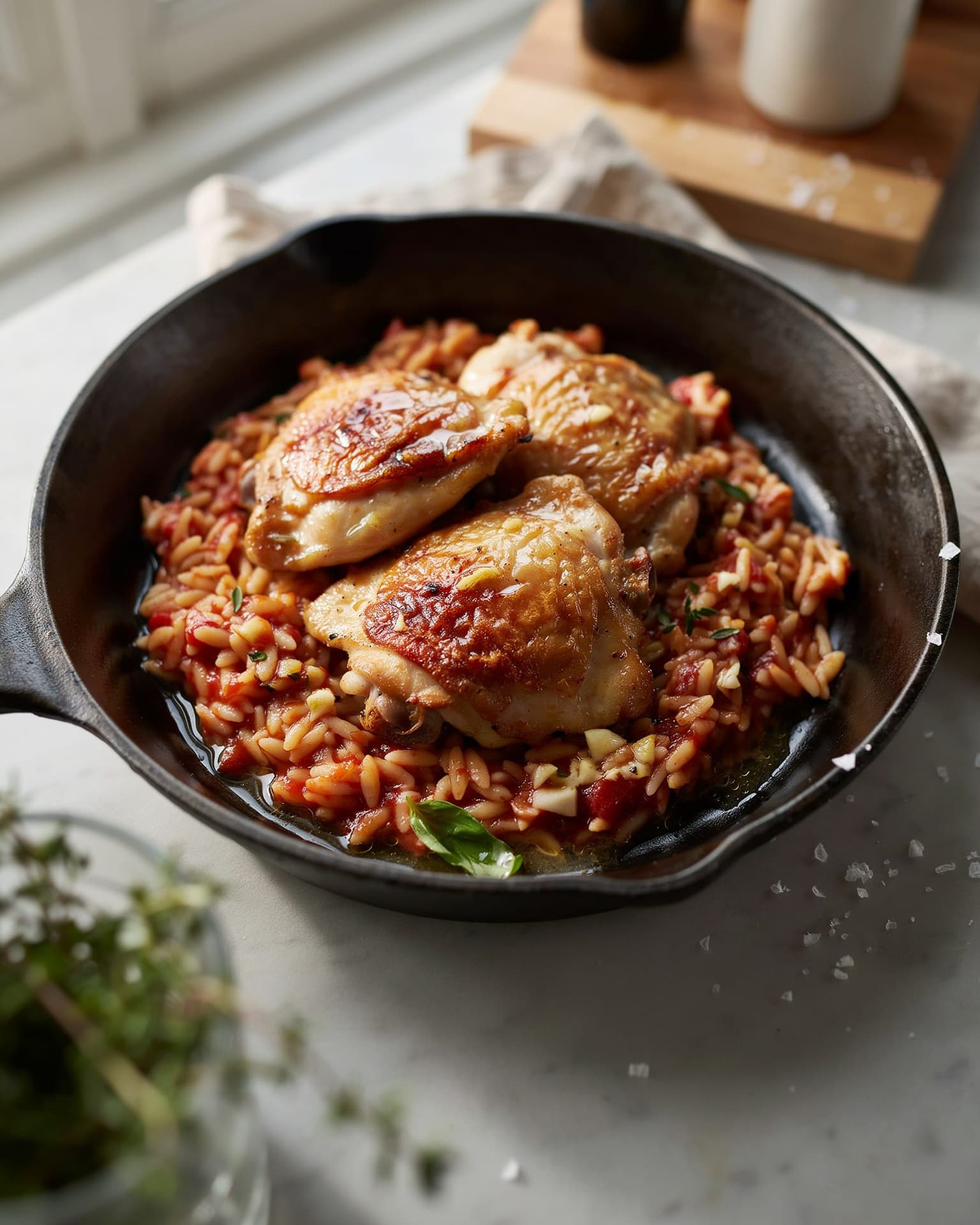 Easy Dinner Ideas for Two: One-Pan Garlic Butter Chicken with Tomato Orzo