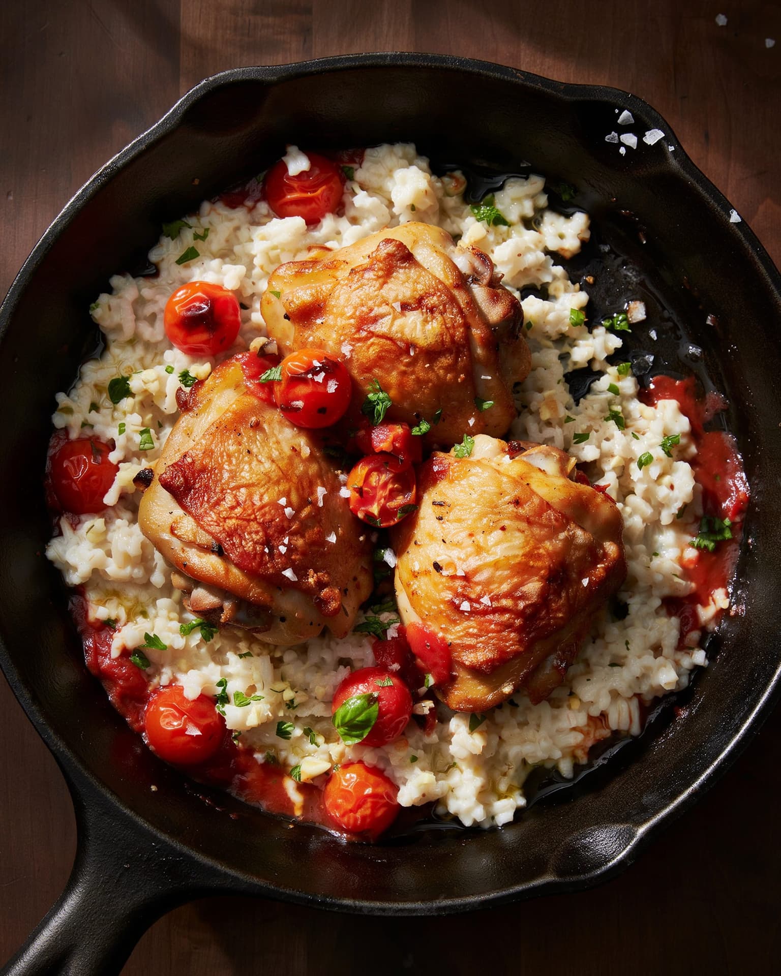 One-Pan Chicken and Rice for Two with Garlic Butter Tomato Sauce