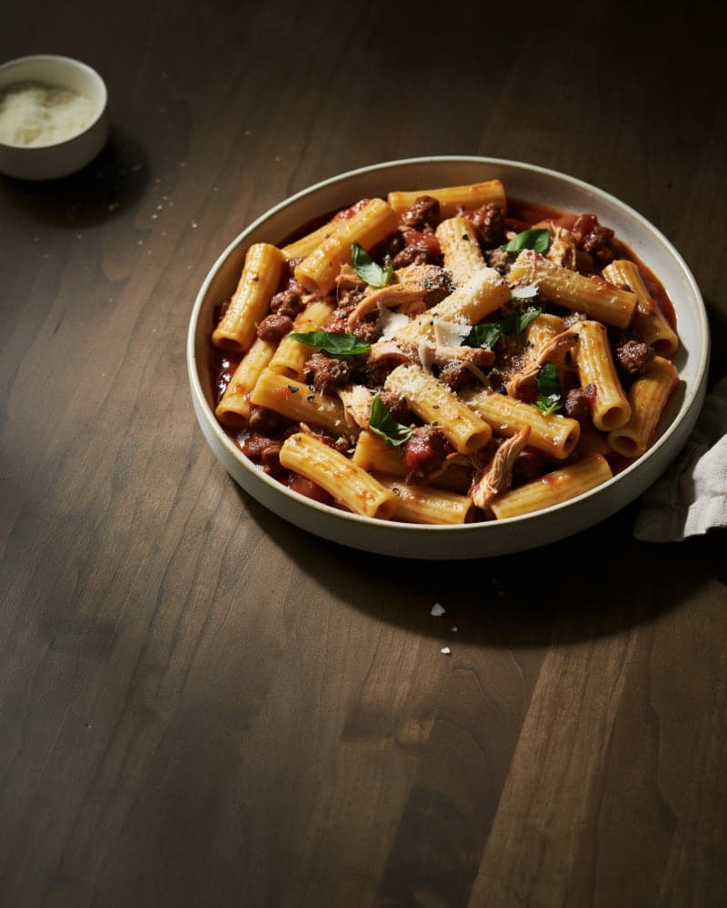 Slow Cooker Chicken & Ground Beef Pasta for Two (Weeknight Ragu)