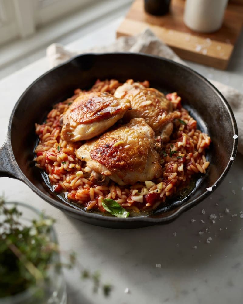 Easy Dinner Ideas for Two: One-Pan Garlic Butter Chicken with Tomato Orzo