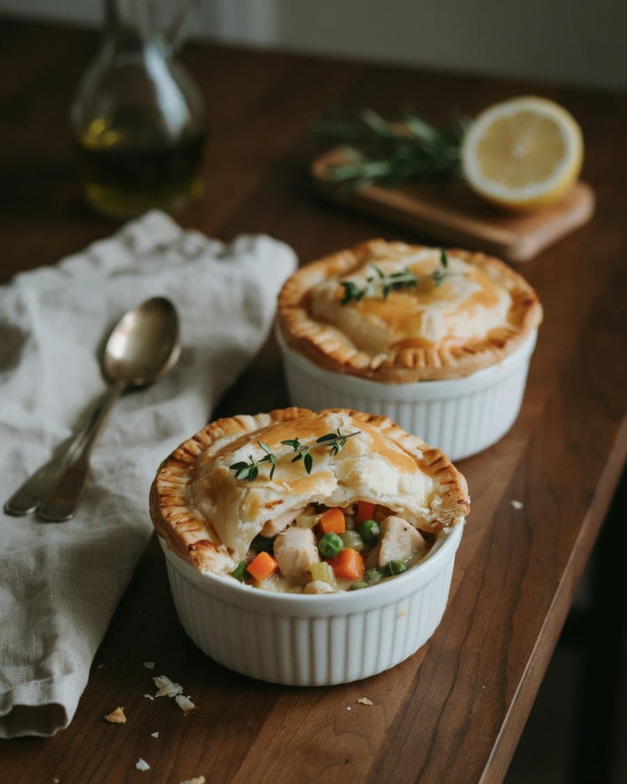 Chicken Pot Pie for Two with a Flaky Puff Pastry Lid