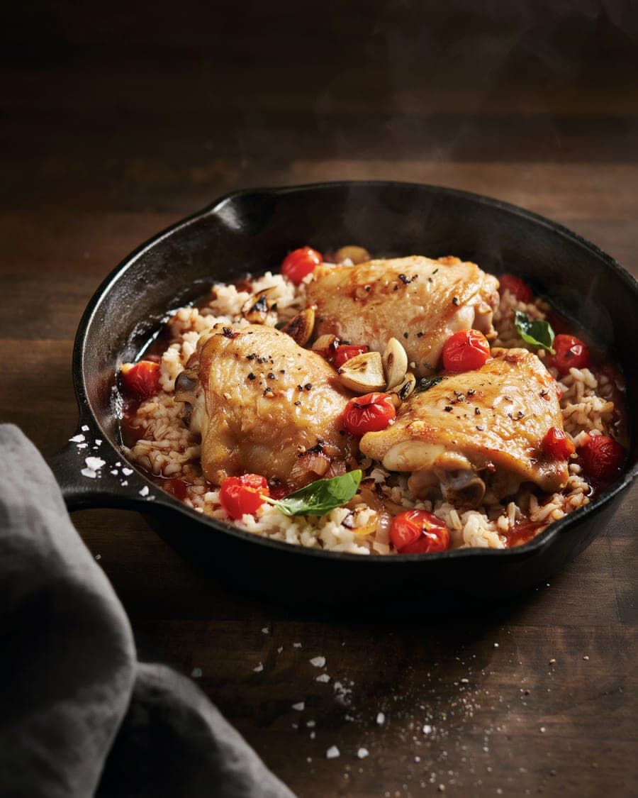 One-Pan Garlic Tomato Chicken and Rice for Two